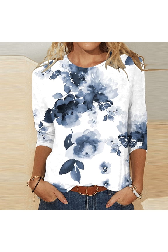 Womens Tops Fashion Women's Fashion Printed Loose T-shirt Mid-length 3/4 Sleeves Blouse Round Neck Casual Tops