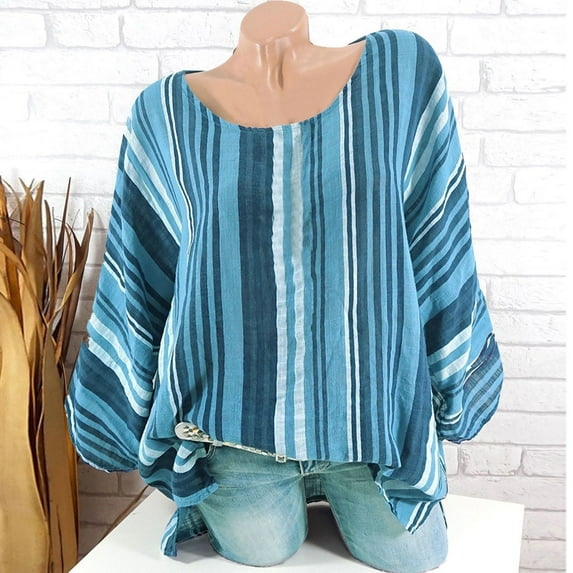 Babysbule Womens Tops Fashion Women's Large Size Casual Crew-neck Striped Printed Long-sleeved Shirt Tops