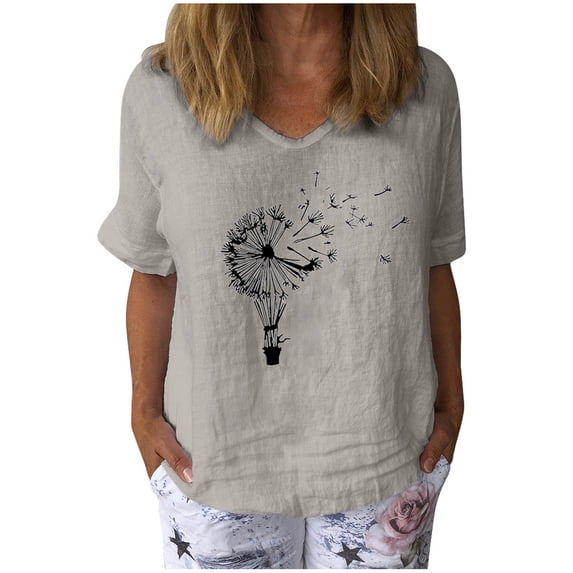 Babysbule Womens Tops Womens Short Sleeve Printed V-Neck Tops T-Shirt Loose Casual Blouse