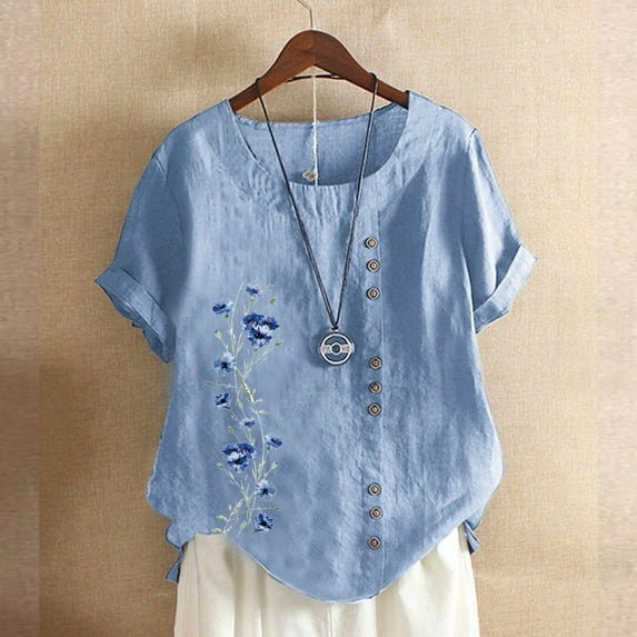 Babysbule Womens Tops Fashion Woman Rounk Neck Short Sleeve Blouse T-Shirt Printing Loose Tops