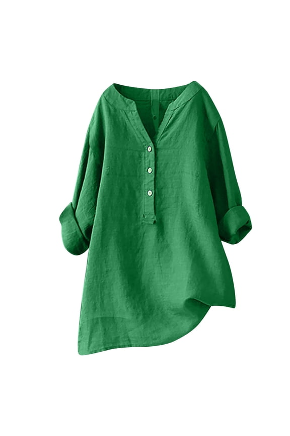 Womens Tops Fashion Women's V-Neck Long Sleeve Loose Button Cotton And Linen Tunic Shirts Summer Shirts Blouse