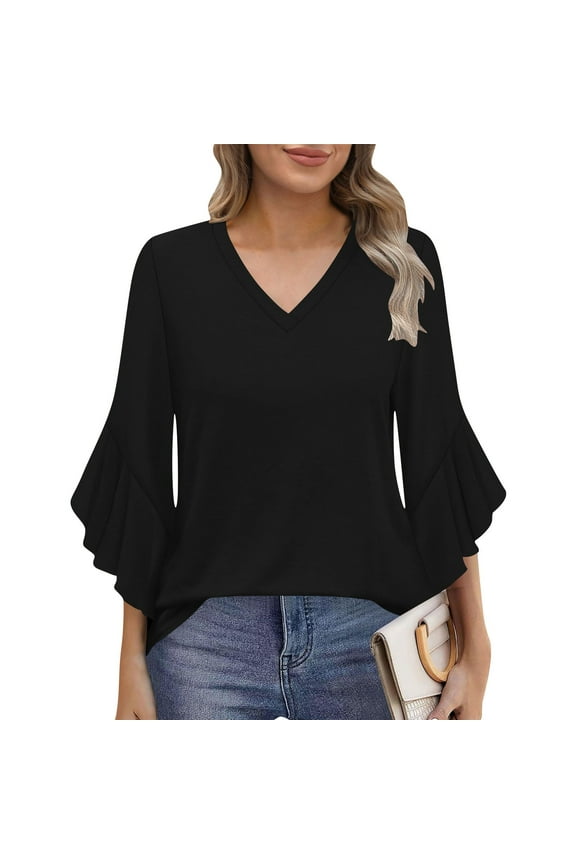 Womens Tops Fashion Womens Summer Fashion Solid Print Double Mesh Shirt 3/4 Flared Sleeve V-NeckTunic Blouse Tops