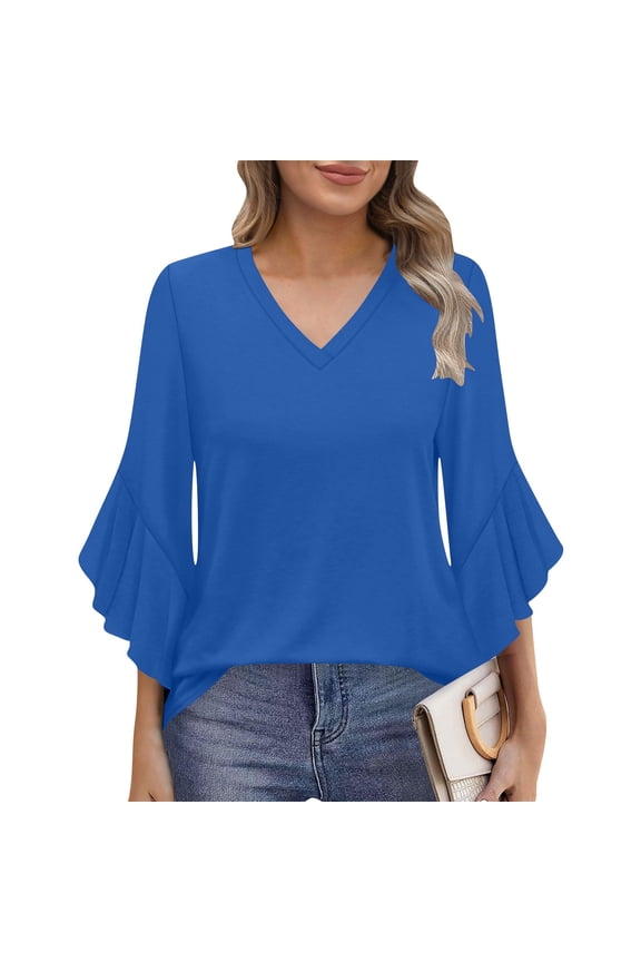 Womens Tops Fashion Womens Summer Fashion Solid Print Double Mesh Shirt 3/4 Flared Sleeve V-NeckTunic Blouse Tops