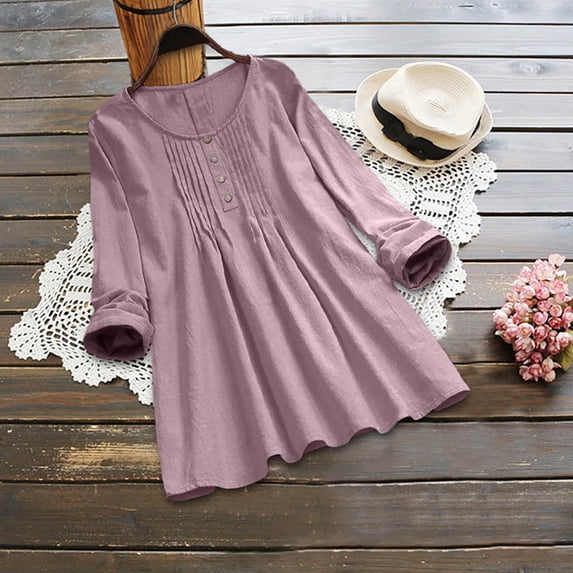 Babysbule Womens Tops Ladies Fashion Solid Color Button T-shirt Long Sleeve Blouse Round Neck Casual Shirts