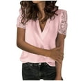 thumbnail image 1 of Babysbule Womens Tops Large Size Women Lace Solid Splicing Short Sleeve Slim Blouse V-Neck Tops Shirt, 1 of 7