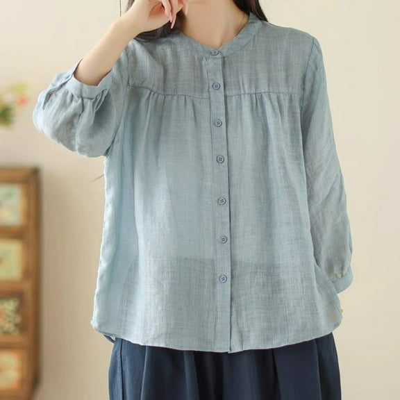 Babysbule Womens Tops Long Sleeve Fashion Women Cotton Linen Casual Solid Buttons Long Sleeves T-Shirt Blouse Tops