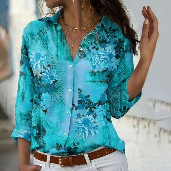 Babysbule Womens Tops Long Sleeve Fashion Women's Long Sleeve Turndown Collar Round-Neck Button Casual Elastic Comfy Blouse Shirts