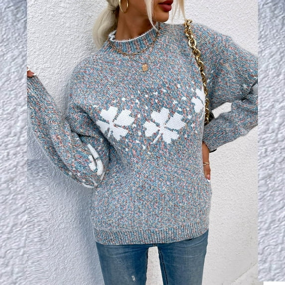 Babysbule Womens Tops Long Sleeve Clearance Women Color Bump Snow Printing Stitching Color Pocket Fall Winter Crop Workout Long Sleeve Cross O-Neck Sweater Casual Blouse Tops