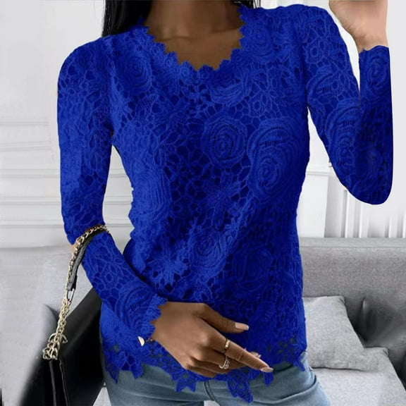 Babysbule Womens Tops Long Sleeve Women Lace Slim Long Sleeve Blouses Floral Crewneck Shirts Elegant Tunic Tops Pullovers