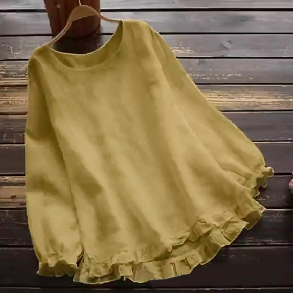 Babysbule Womens Tops Long Sleeve Women's Fashion Solid Color Long Sleeves Blouse Round Neck Side Of Fungus Casual Tops