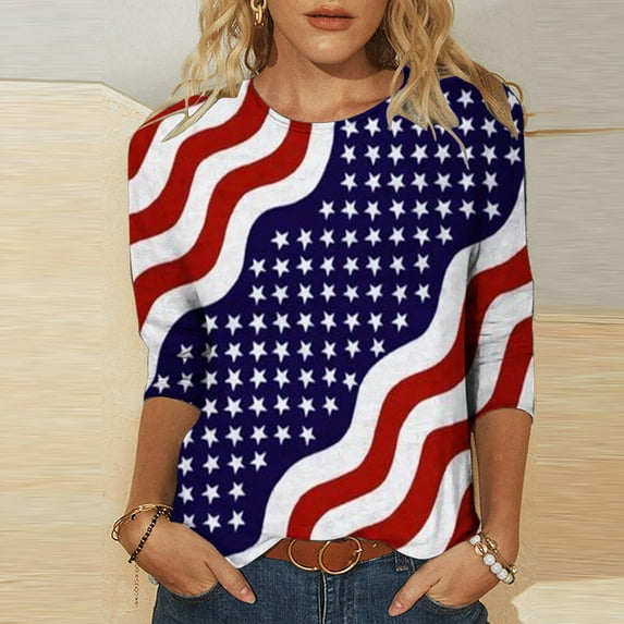 Babysbule Womens Tops Long Sleeve Women's Fashion Three Quarter Sleeve Retro Round Neck Independence Printed Loose Tops Blouse