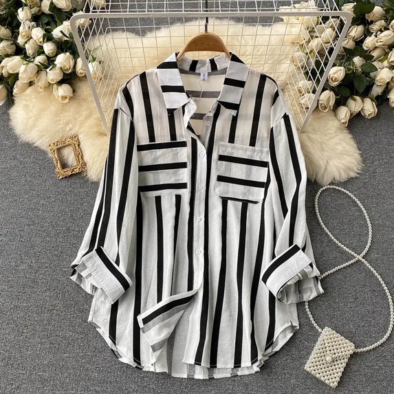 Babysbule Womens Tops Long Sleeve Women's Summer Casual Mid-length Vertical Striped Multi-colored Shirt