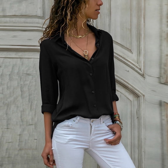 Babysbule Womens Tops Long Sleeve Womens Ladies Chiffon Long Sleeve V-Neck Lapel Solid Color Blouses Summer Casual Tops