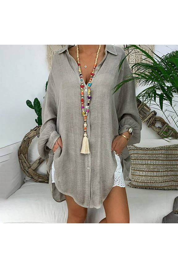 Womens Tops Long Sleeve Tunic Tops For Women Loose Casual Lapel Neck T-shirt Ladies Long Sleeve Buckle Blouse Tops