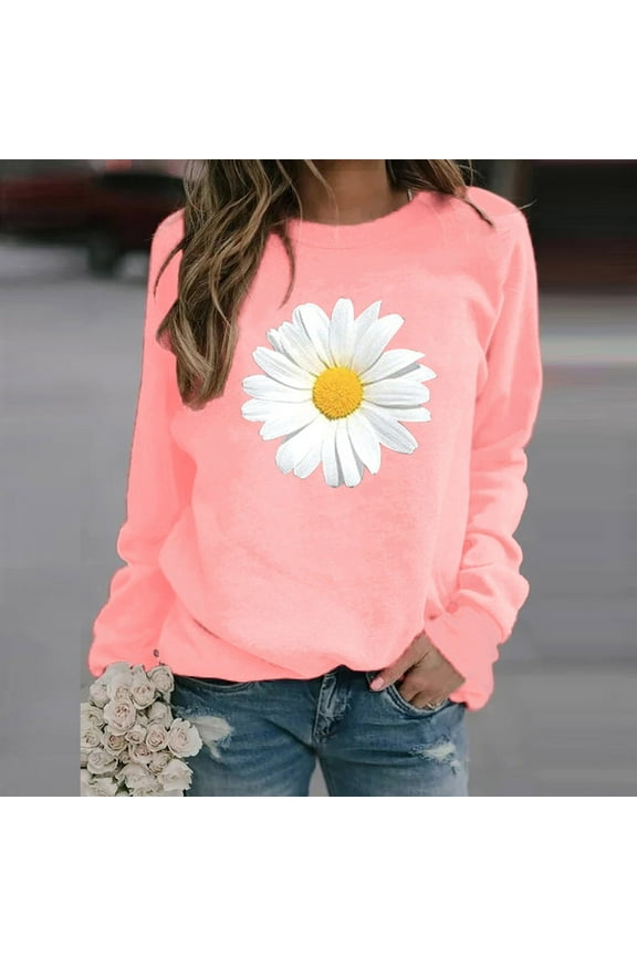 Womens Tops Long Sleeve Winter Womens Casual Tops Ladies Daisy Print Sweatshirt Blouse Tee Sweater