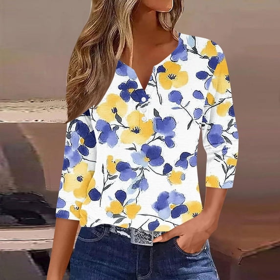 Babysbule 3/4 Sleeve Floral Printed Thin Button-Down V-neck Blouse & Top, Women's