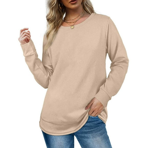 Babysbule Womens Tops Long Sleeve Women's Fashion Autumn Winter Solid Round-Neck Pullover Long Sleeve Tops