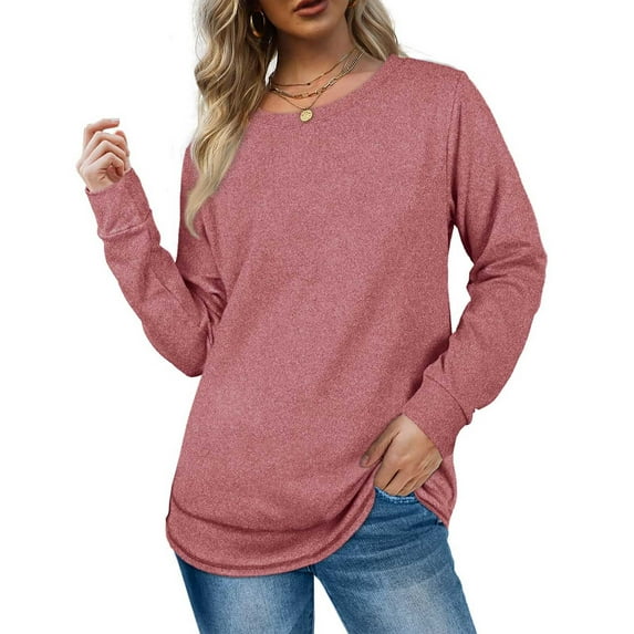 Babysbule Womens Tops Long Sleeve Women's Fashion Autumn Winter Solid Round-Neck Pullover Long Sleeve Tops