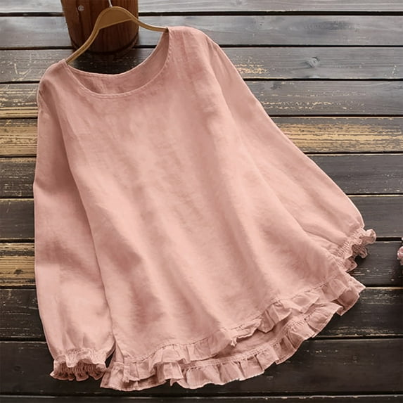 Babysbule Womens Tops Long Sleeve Women's Fashion Solid Color Long Sleeves Blouse Round Neck Side Of Fungus Casual Tops