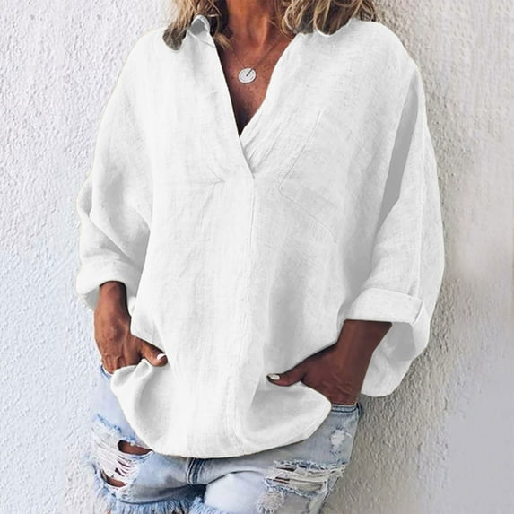 Babysbule Womens Tops Long Sleeve Women's Fashion Solid Color Tops Long Sleeved Loose Cotton And Linen Loose Shirt Blouse V-Neck Casual Tops
