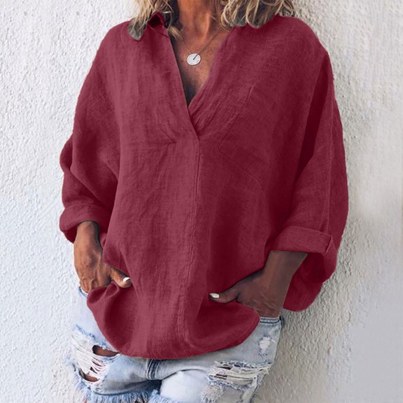 Babysbule Womens Tops Long Sleeve Women's Fashion Solid Color Tops Long Sleeved Loose Cotton And Linen Loose Shirt Blouse V-Neck Casual Tops