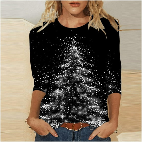 Babysbule Womens Tops Long Sleeve Women's Fashion Solid T-shirt Mid-length 3/4 Sleeves Blouse Round Neck Casual Tops