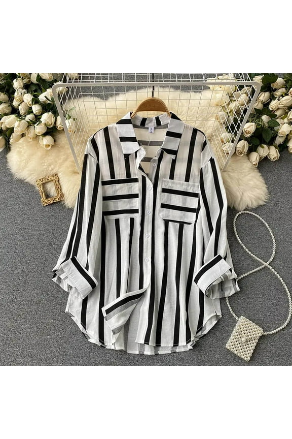 Womens Tops Long Sleeve Women's Summer Casual Mid-length Vertical Striped Multi-colored Shirt