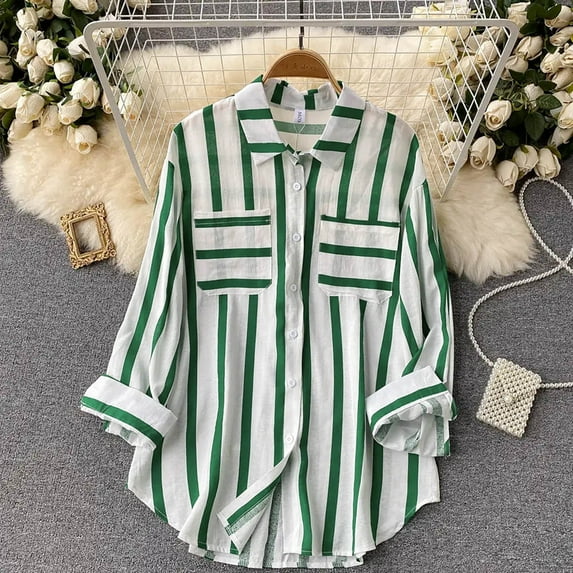 Babysbule Womens Tops Long Sleeve Women's Summer Casual Mid-length Vertical Striped Multi-colored Shirt