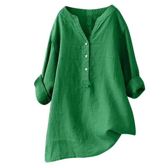 Babysbule Womens Tops Long Sleeve Women's V-Neck Long Sleeve Loose Button Cotton And Linen Tunic Shirts Summer Shirts Blouse