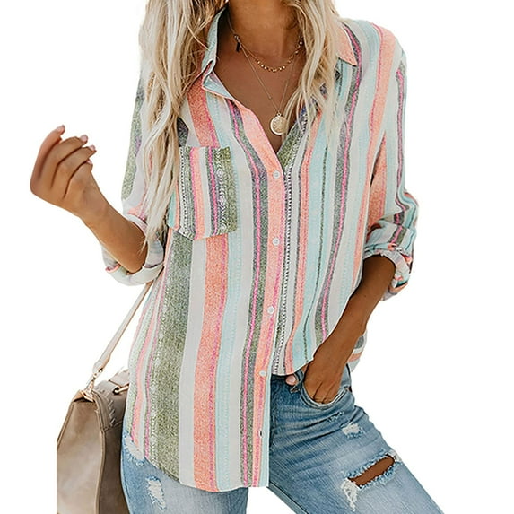 Babysbule Womens Tops Long Sleeve Womens Fashion V Neck Striped Roll Up Sleeve Button Down Blouses Tops With Pocket Loose Shirt