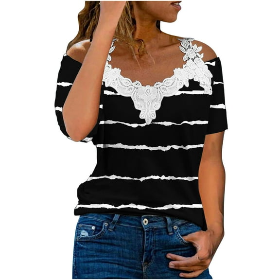 Babysbule Womens Tops Plant Print Women's Casual Off The Shoulder Lace Regular Fit Short Sleeve Tops V-Neck Shirt Tops Outfit