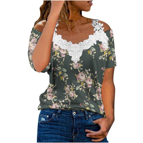 Babysbule Womens Tops Plant Print Women's Casual Off The Shoulder Lace Regular Fit Short Sleeve Tops V-Neck Shirt Tops Outfit