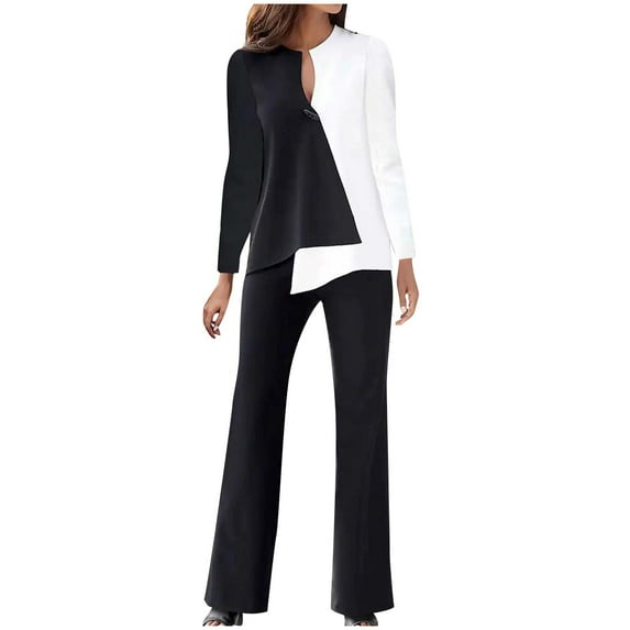 Babysbule Womens Tops Sets Blouse 2PC Fashion Woman V-Neck Solid Long Sleeve Blouse +Loose Pants Sets Fall Fahion