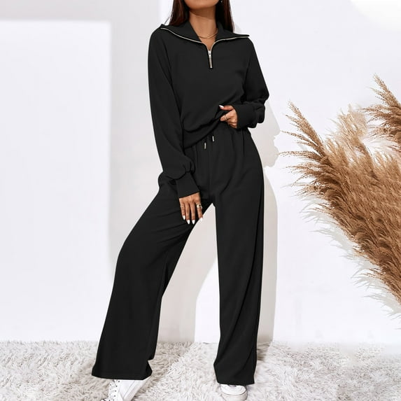 Babysbule Womens Tops Sets Blouse Fall Fashion Women Round Neck Long Sleeve Zipper Tops Blouses Shirts+ Elastic Waist Long Pants Suits Fall Saving