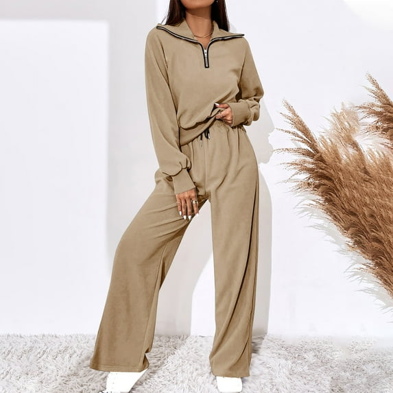 Babysbule Womens Tops Sets Blouse Fall Fashion Women Round Neck Long Sleeve Zipper Tops Blouses Shirts+ Elastic Waist Long Pants Suits Fall Saving