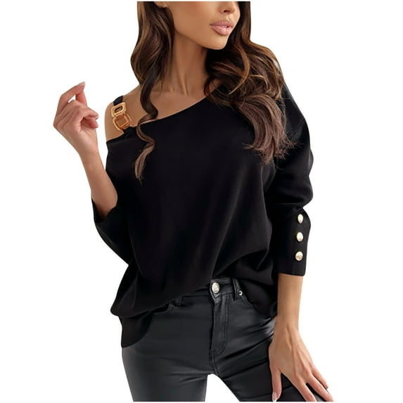 Babysbule Womens Tops Sets Blouse Women's Casual Round Neck Solid Color Leaking Shoulder Long Sleeve Pullover Tops Blouses Fall Saving
