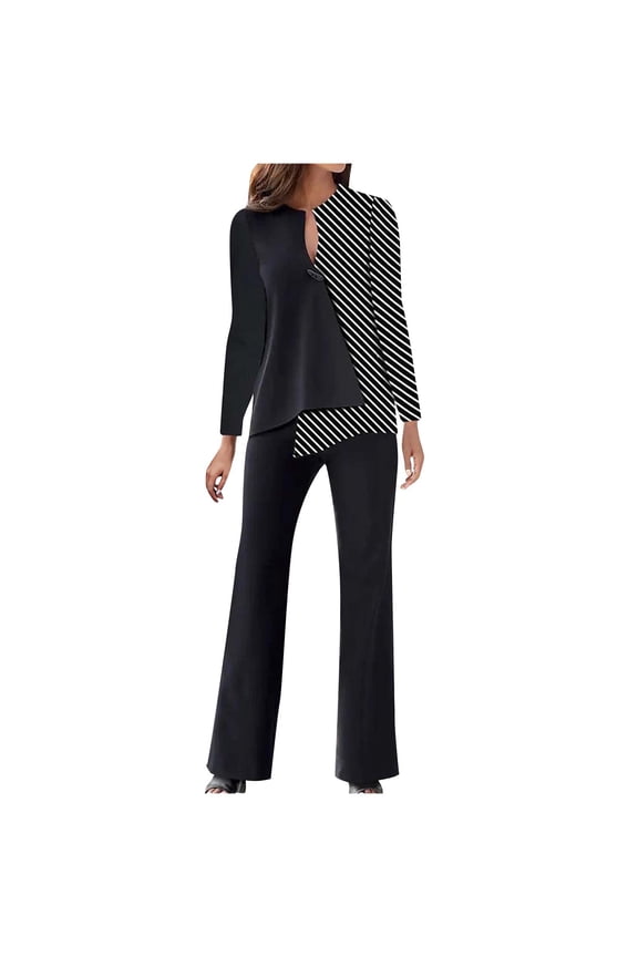 Womens Tops Sets Blouse 2PC Fashion Woman V-Neck Solid Long Sleeve Blouse +Loose Pants Sets Fall Fahion