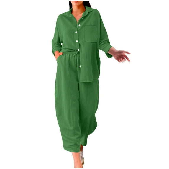 Babysbule Womens Tops Sets Clearance Blouse Fashion Women Button Casual Long SLeeve+ Elastic Waist Pocket Pant Set Fall Saving