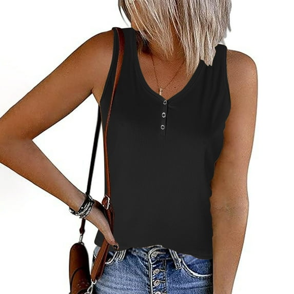 Babysbule Womens Tops, Sleeveless Ribbed Tops for Women Basic Knit Shirts Button Up V Neck Casual Summer Solid Color Tshirt Blouses