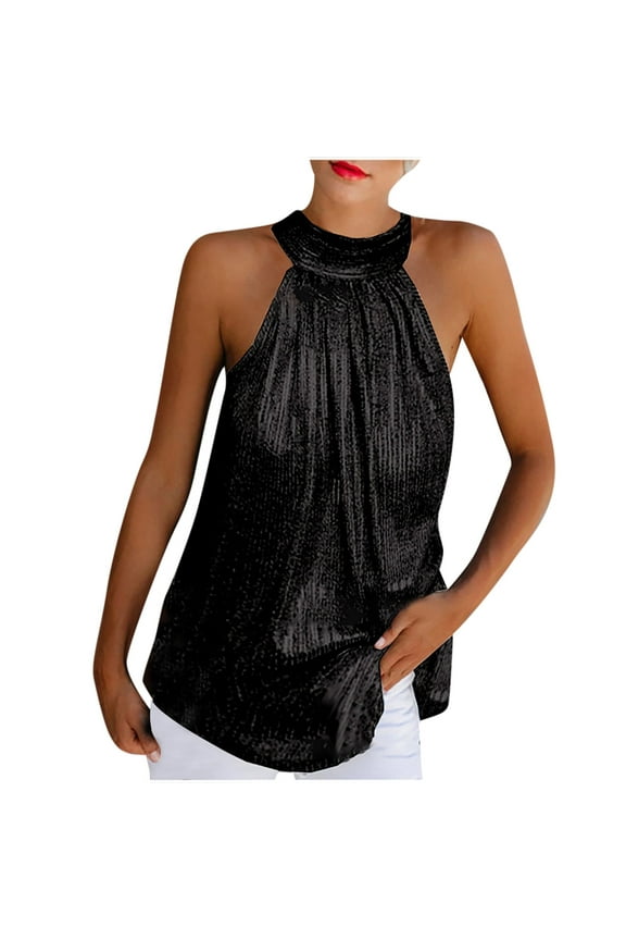 Womens Tops Women Summer Solid Sequined Sleeveless Casual Halter Top Tank Shirt Vest