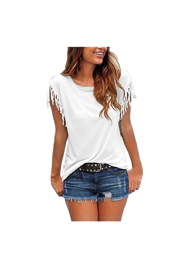Womens Tops, Women's Casual Fashion Loose Tassel Sleeves Multicolor Short-Sleeved T-Shirt