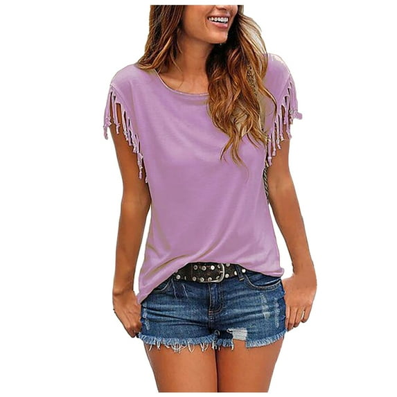 Babysbule Womens Tops, Women's Casual Fashion Loose Tassel Sleeves Multicolor Short-Sleeved T-Shirt