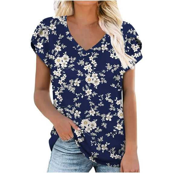 Babysbule Womens Tops Women's Short Sleeve Print V-Neck T-Shirt Loose Casual Summer Tee Tops