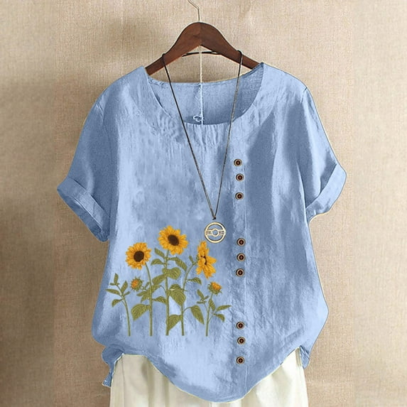 Babysbule Womens Tops Womens Plus Size O-Neck Short Sleeve Print Buttons Cotton Linen Vintage Tops