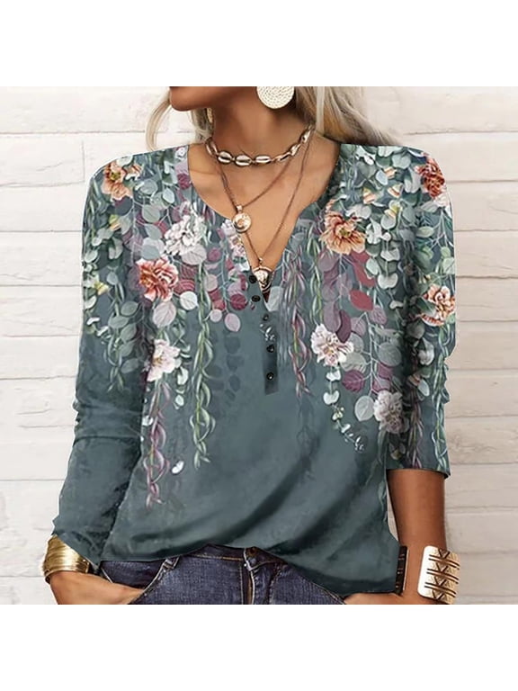 Womens Tunic Tops Long Sleeve Women Casual Printing Long Sleeve Buttons Slim Blouse T-shirt Tops