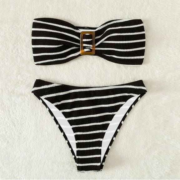 Babysbule Womens Two Piece Swimsuit Women's Fashion Stripe Color Matching Split Bikini Sets Solid High Waist Beachwear Set