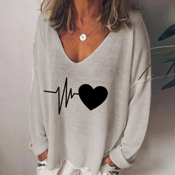 Babysbule Womens Valentine's Day Arrivals Tops Women Fashion Casual Print V-Neck Loose Long Sleeve T-shirt Blouse Pullover