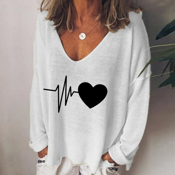 Babysbule Womens Valentine's Day Arrivals Tops Women Fashion Casual Print V-Neck Loose Long Sleeve T-shirt Blouse Pullover