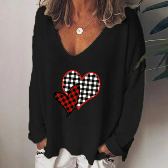 Babysbule Womens Valentine's Day New Arrivals Tops Women Fashion Casual Print V-Neck Loose Long Sleeve T-shirt Blouse Pullover