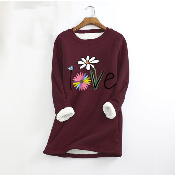 Babysbule Womens Valentine's Day Tops Women Fashion Heart Love Print Thick Fleece Sweatshirt Velvet Warm Round Neck Underwear Top Gift For Couples